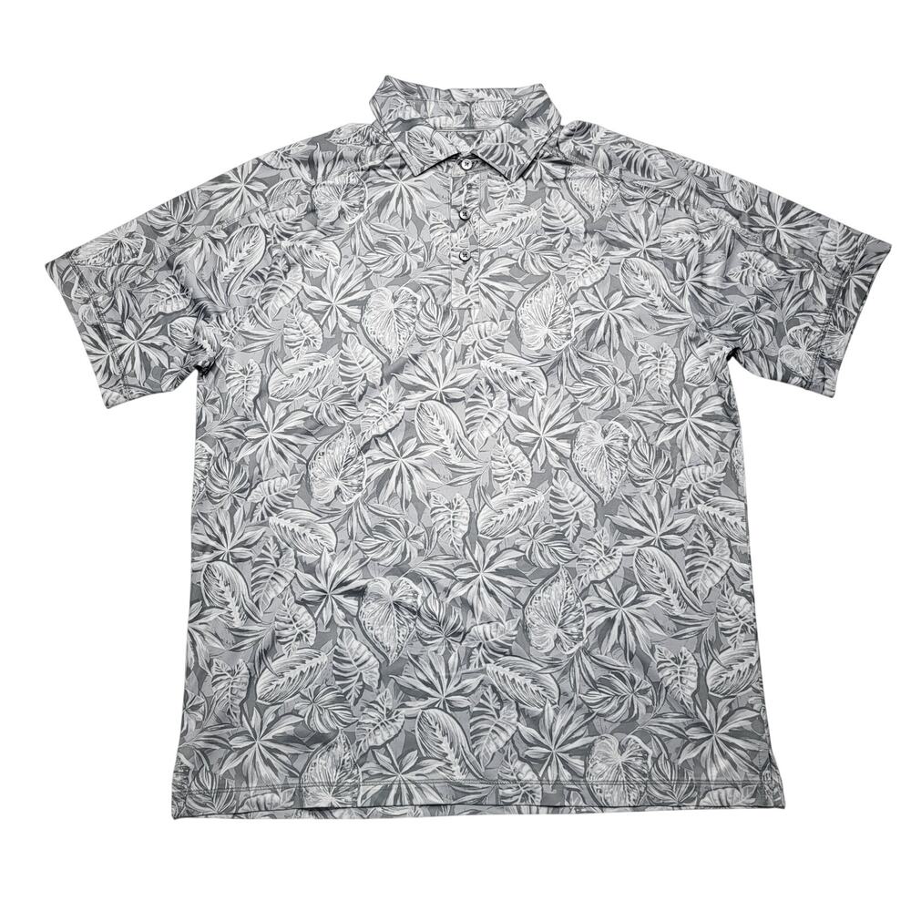 Tommy Bahama Island Zone Button Polo Shirt Gray White Tropical Leaves Medium